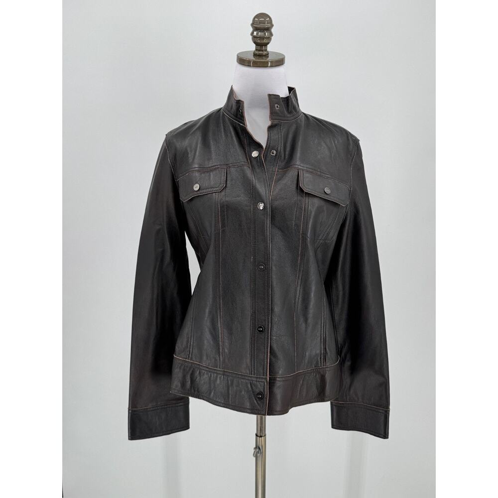 Nicola Berti Womens Brown Italian Leather Lined Snap Front Jacket Sz L